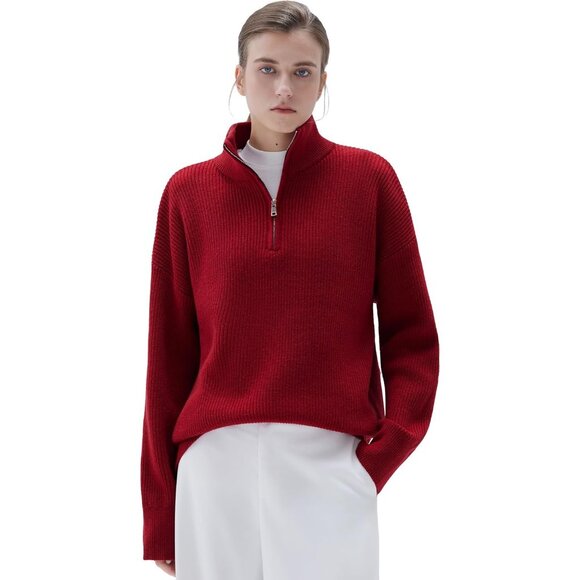 Sweaters - Women Red Oversized Cashmere Collared Ribbed Long Sleeve Sweater